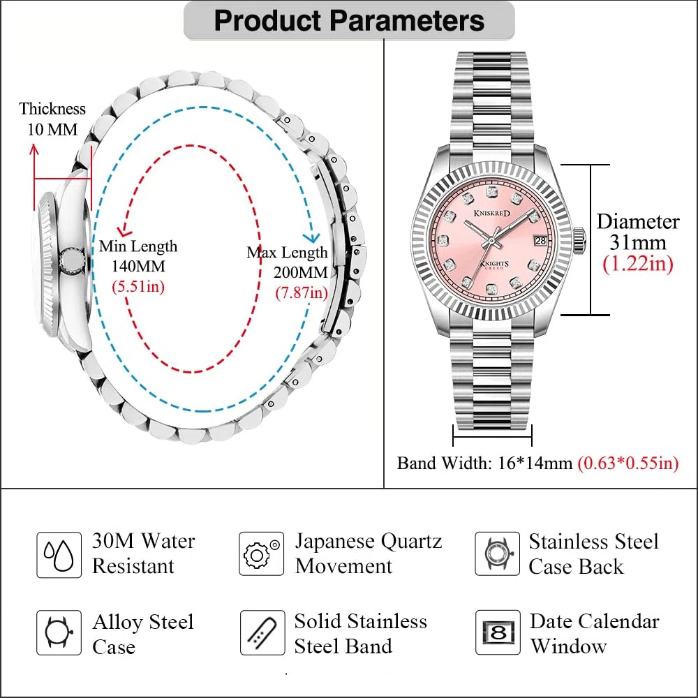 Reloj Clásico para Mujeres con Cristal de Cuarzo y Banda de Acero Inoxidable Sólido Vestido de Señoras Reloj Resistente al Agua