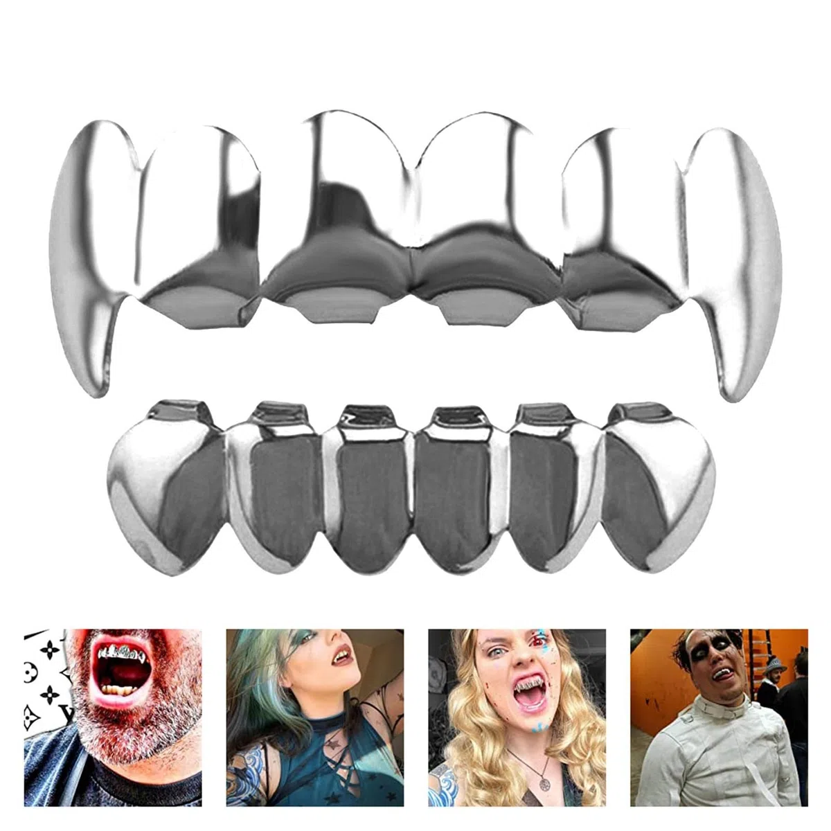 A/A Hip Hop Teeth Grills, falso punk hip hop dientes boca superior inferior diamante strass dientes grillz Halloween festival de música fiesta hip hop rapero accesorios decoración ornamento oro/plata