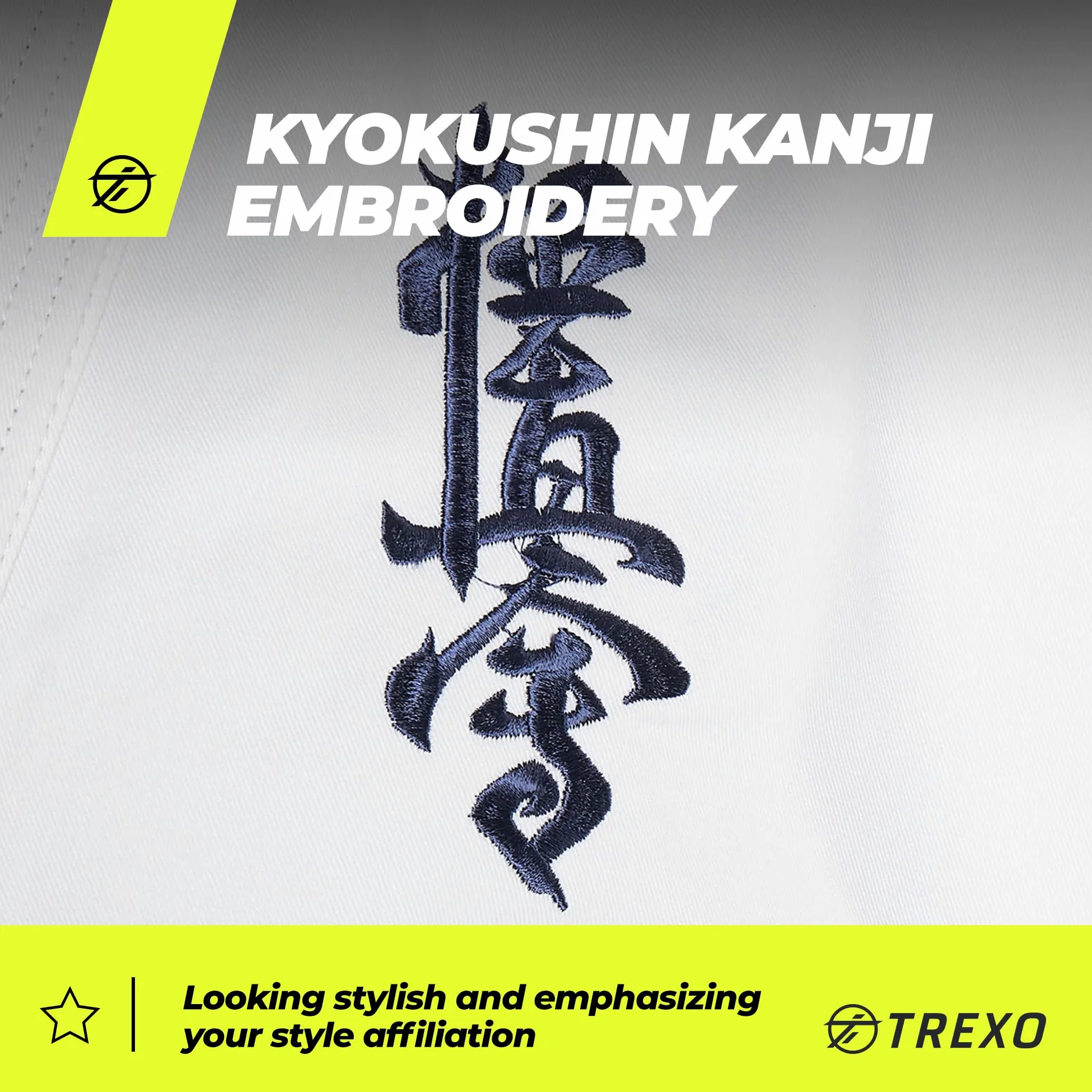 TREXO Karatega con bordado Kyokushin para karate en color blanco para 140 cm de estatura, juego de pantalones regulables, kimono, cinturón, ideal para principiantes, costuras fuertes, materiales