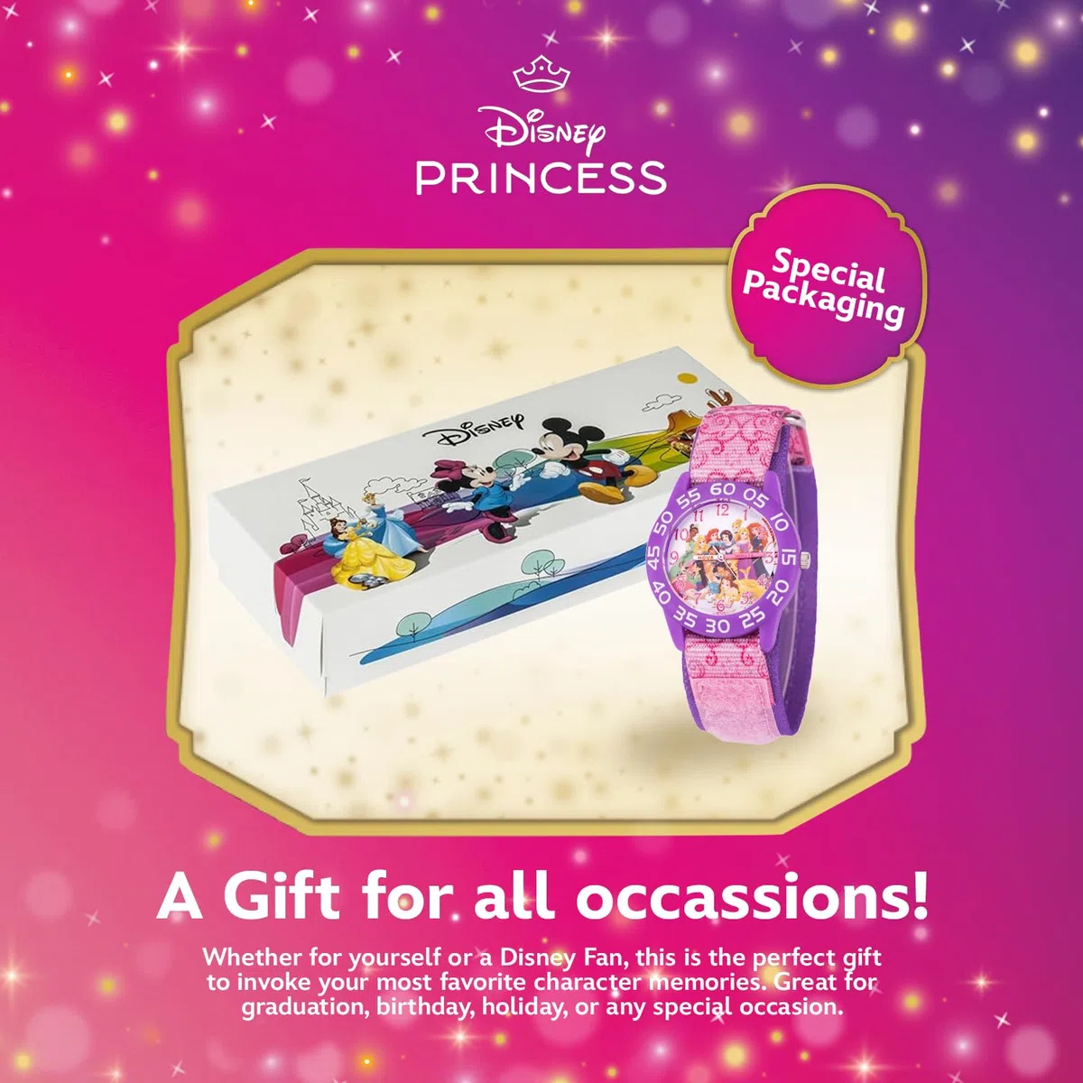 Disney Reloj de Princesa para niñas – Reloj de Princesa para niños con Bisel Rosa y Correa de Nailon Morado – Relojes niñas de 4 a 7 años