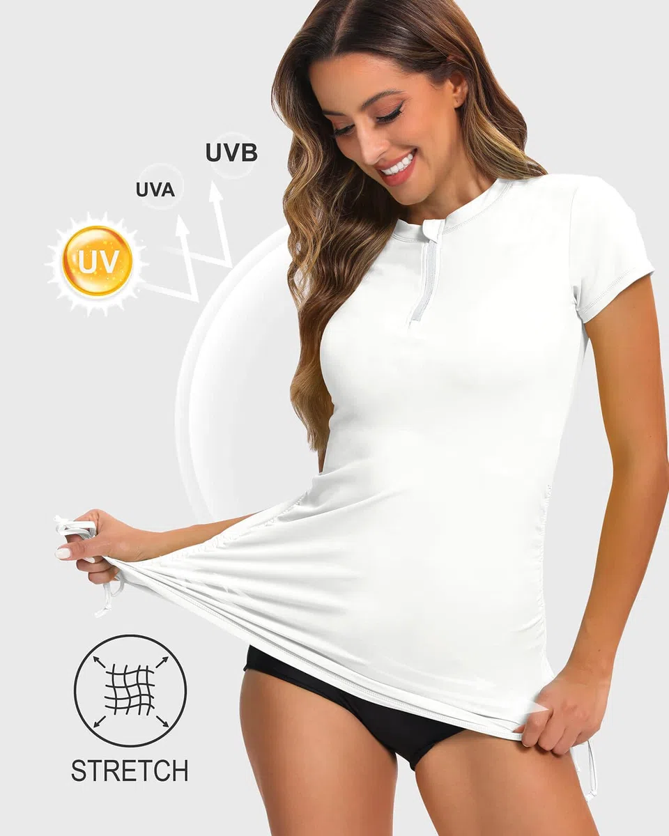 Camiseta de natación de manga corta para mujer, con cremallera frontal de 1/4, con protección UV, de secado rápido, dobladillo ajustable, UPF 50+