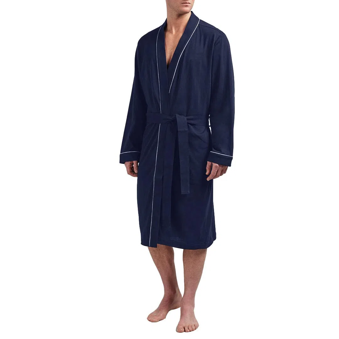 HOLOVE Batshrobes de algodón puro para hombre, kimono ligero y batas con capucha, ropa de dormir suave para spa, Azul marino, Large/X-Large