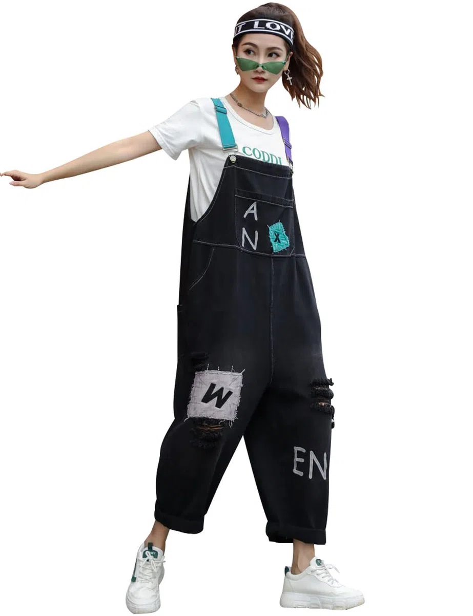 Mujer Vaqueros estampados Mono corto sin mangas de peto Mono de mezclilla