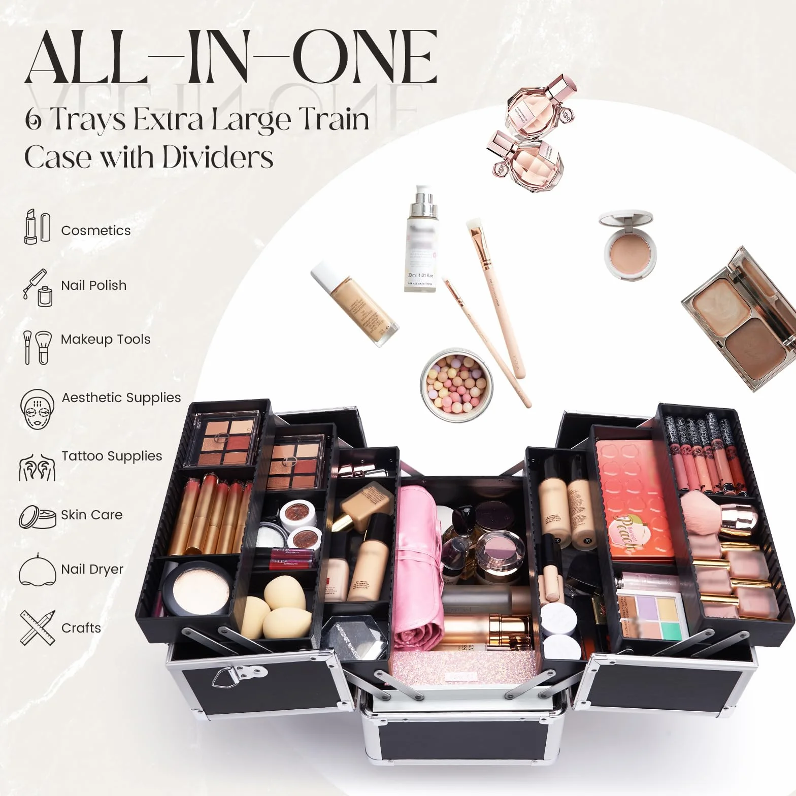 Maletin Maquillaje Profesional Estuche Maquillaje Neceser Maquillaje Joyero Organizador Mujer Maletin de Manicura Peluqueria Caja Maquillaje Cosméticos de Viaje con Correa para el Hombro Negro