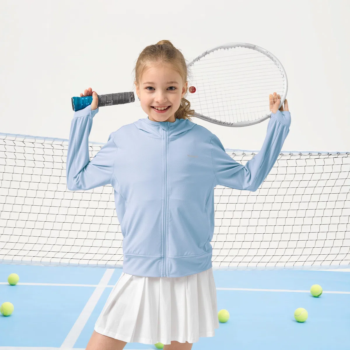 Rolanko Chaqueta de Verano para Niñas Agujeros para los Pulgares Manga Larga Protección Solar Secado Rápido Sudadera con Capucha y Cremallera Tops para Niños