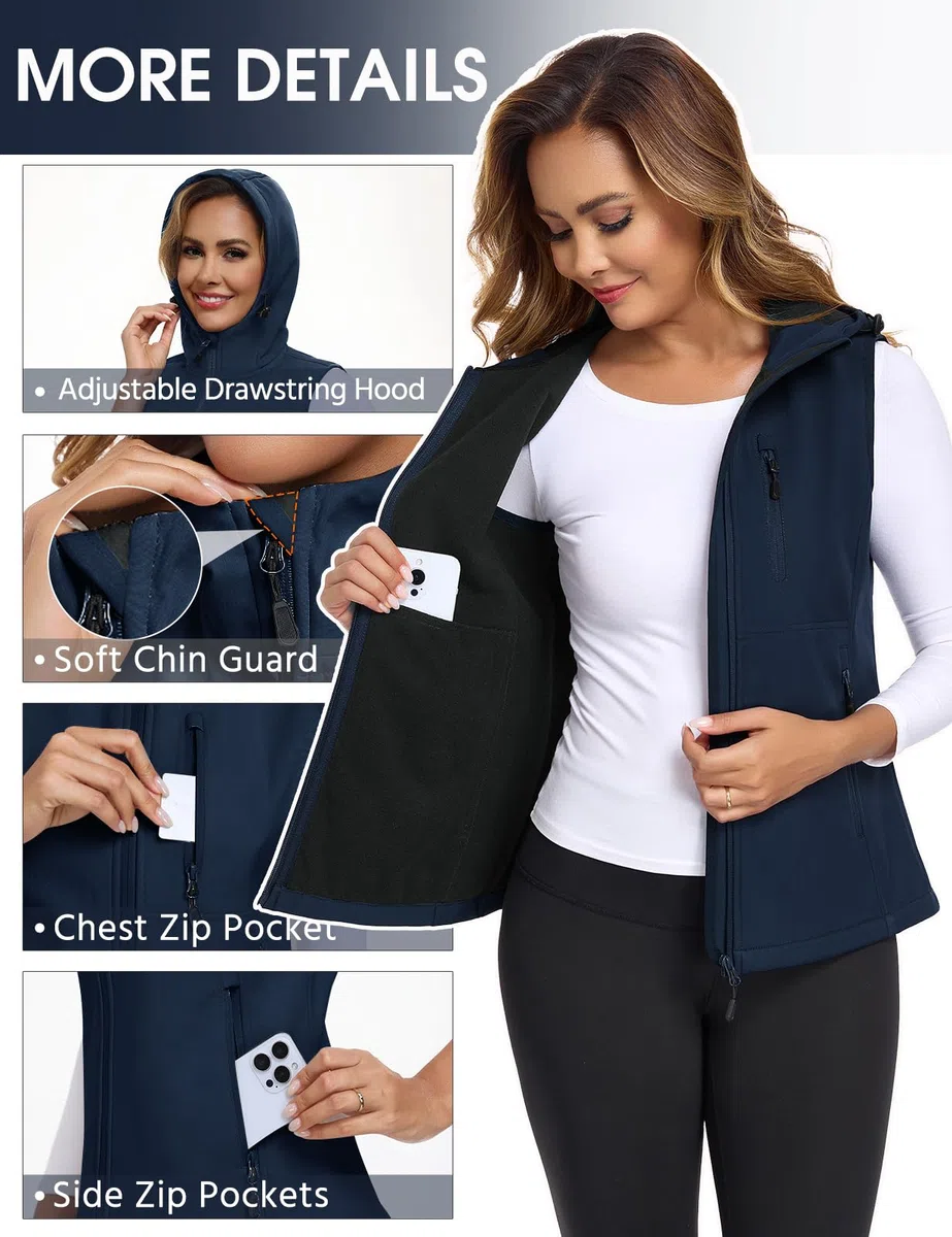 CMTOP Chaleco Mujer Softshell Impermeable, Forro Vellón Ligero Chaqueta sin Mangas, Antiviento Exteriores Capucha Chalecos con Bolsillos con Cremallera para Primavera Otoño