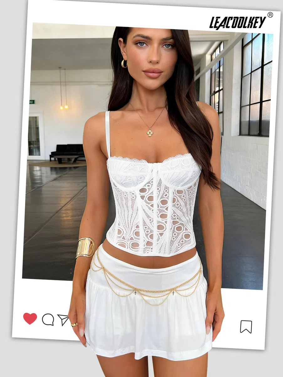 LEACOOLKEY Top Bustier - Corsé sexy para mujer, de encaje y malla, parte superior corta con tirantes para salidas nocturnas, citas y fiestas
