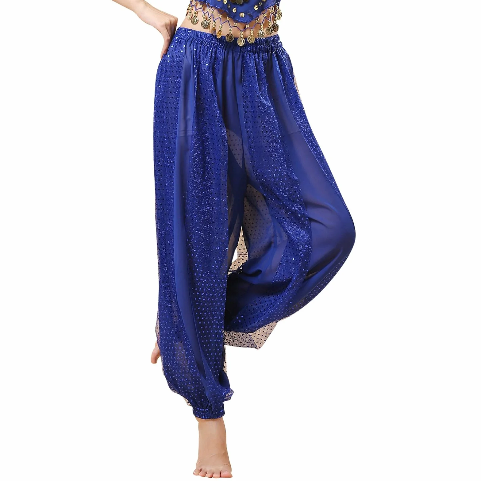Generisch Pantalones harén de danza del vientre para mujer, chifón, tribal, india, disfraz de danza del vientre, pantalones árabes, lentejuelas, brillantes, sueltos, danza del vientre, traje bombachos