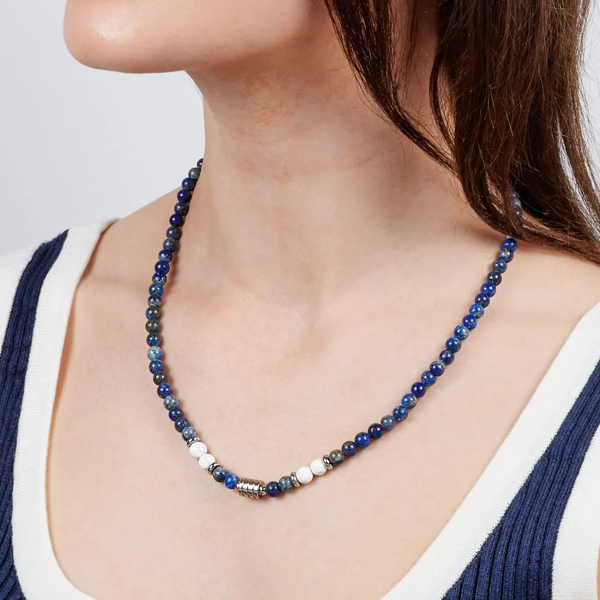 Collar de Cuentas para Hombre | Collar de Cristal Curativo de Piedras preciosas Naturales para Hombres hecho a Mano Para Hombres (Azul Lapislázuli/Blanco Turquesa)