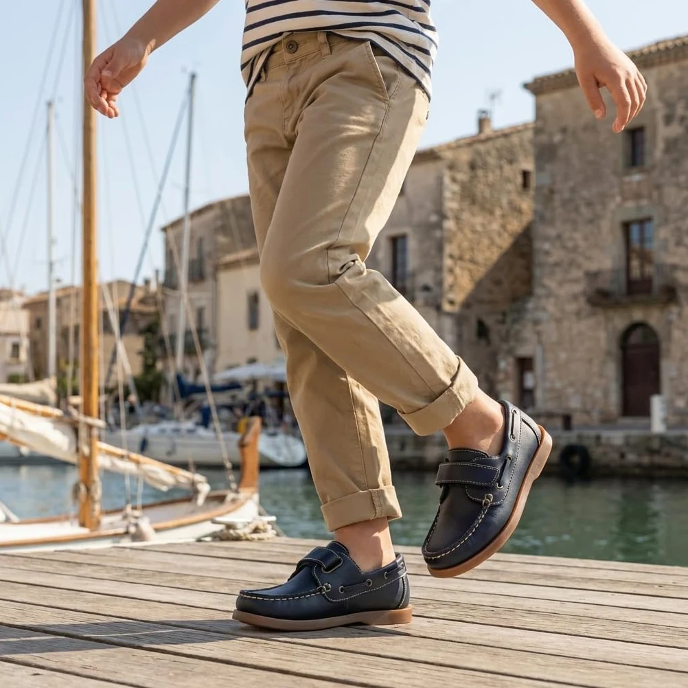 Náuticos Niño Velcro Piel Zapatos Colegiales Mocasines Serraje Calzado Infantil Escolar Uniforme Suela Goma Flexible Antideslizante. Ideal Vestir Comunión Ceremonia. Resistente Cómodo Fácil Calce