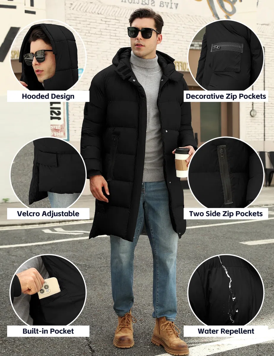 Yuson Gir Abrigo Hombre Chaqueta Largo Hombre Invierno Ligero y Resistente Agua Parka Grueso Cazadora con Capucha Cálido Acolchado Abrigos Cremallera Viento Coat Chaquetón