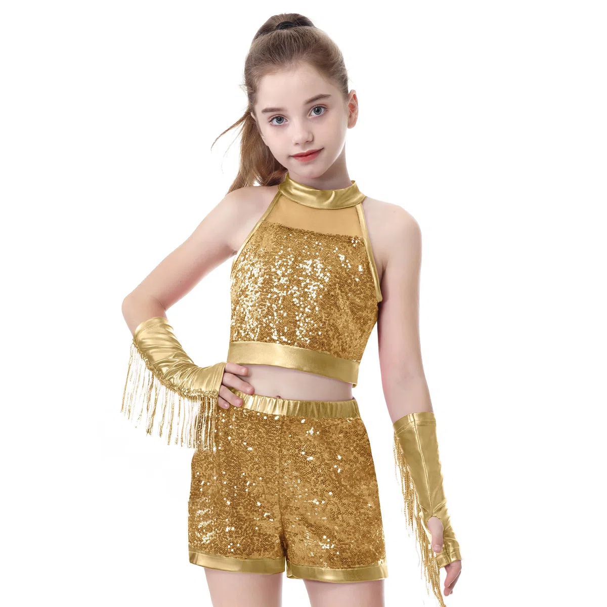 LOLANTA Disfraz de Danza con Lentejuelas para Niñas, Traje de Baile Hip Hop Jazz con Lentejuelas, Ropa de Baile para Niños con Camiseta Sin Mangas y Pantalones Cortos