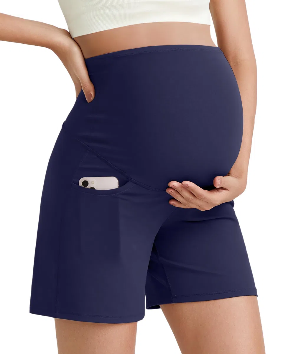 G4Free BareFeel - Pantalones cortos deportivos de maternidad con bolsillos sobre el vientre, cómodos pantalones de entrenamiento de verano para embarazo