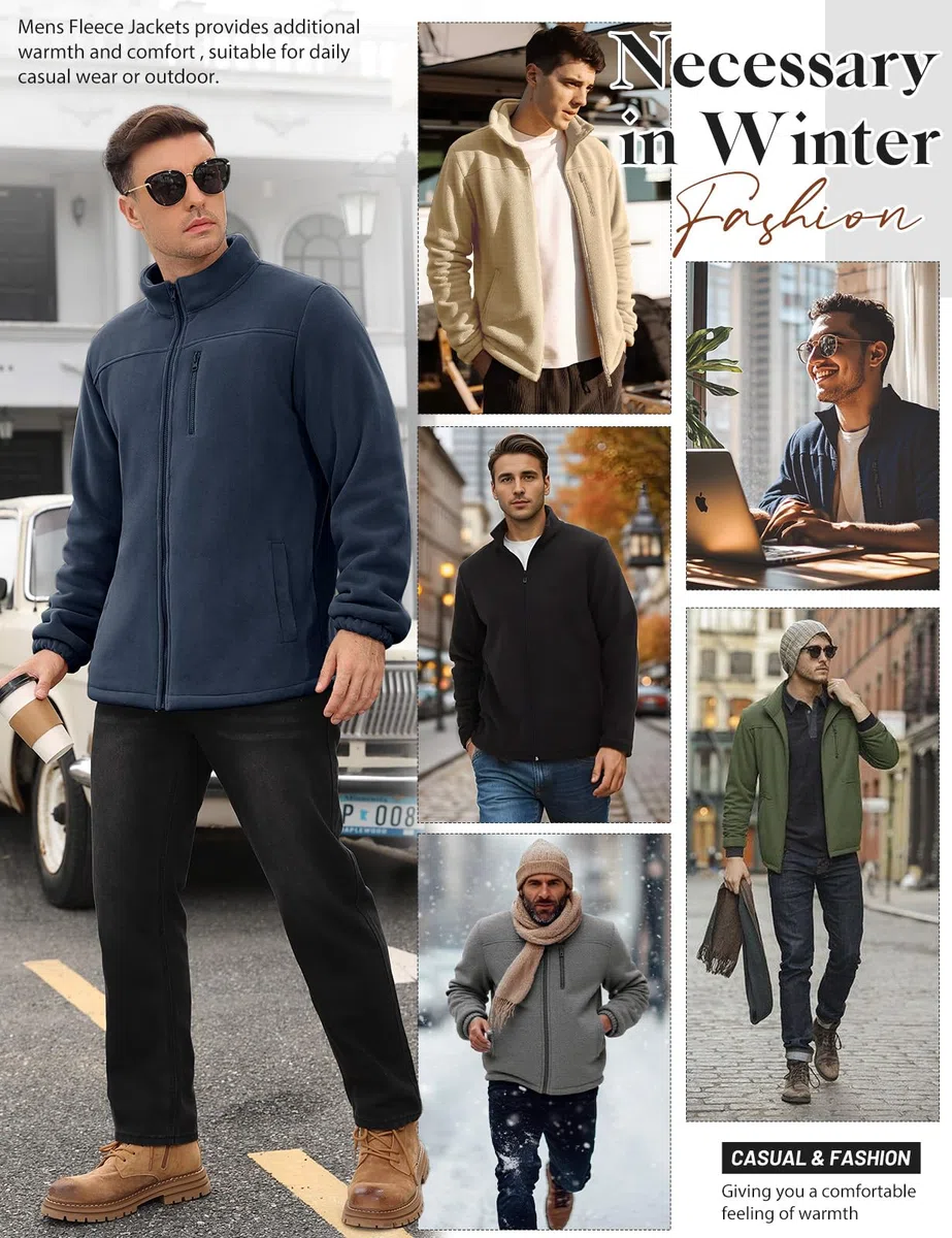 Voqeen Chaqueta de Invierno Forro Polar para Hombre Sudadera Termica con Cremallera Bolsillos sin Capucha Abrigo Cálida Cuello Alto para Senderismo Chaquetas Calefactable Al Aire Libre Trekking