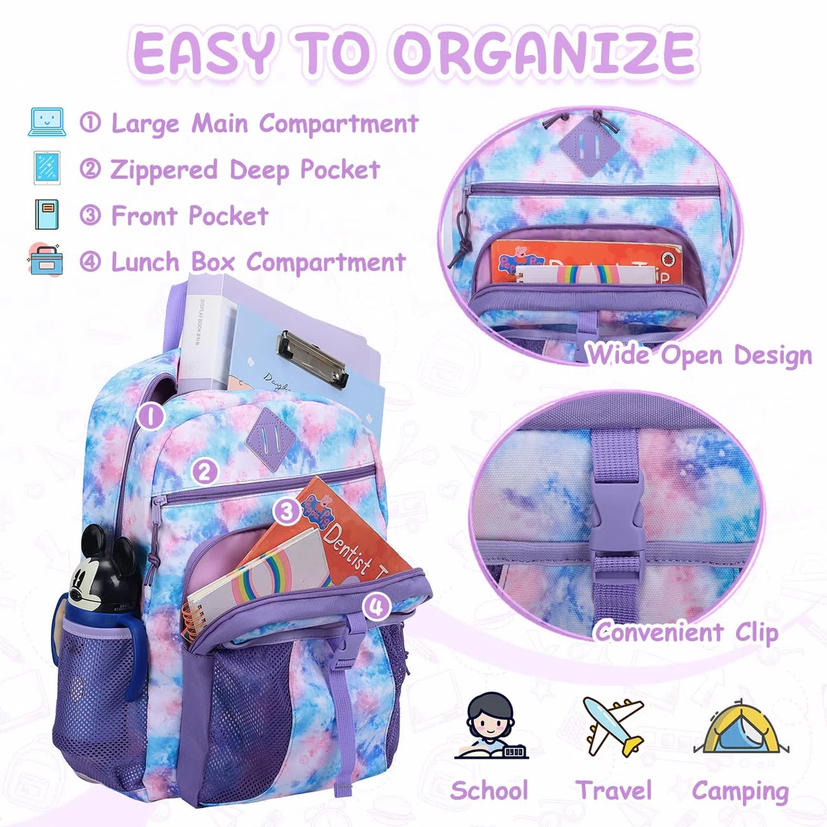 VASCHY Mochila Escolar Niño Niña 5–9 Años 16 L, 30 x 12,5 x 43 cm, Ligera y Resistente al Agua con Bolsillo para Botella, Incluye Bolsa Almuerzo Térmica 8,5 L Multicolor