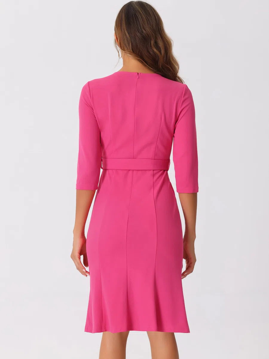 Allegra K Elegante Vestido de Tubo para Mujer, Cuello Redondo, Manga 3/4, Abertura en la Oficina, Vestidos de lápiz con cinturón