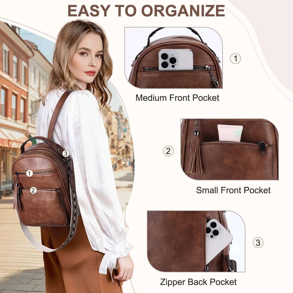Mochila Pequeña Mujer, Bolso Mochila de Cuero PU Mini Mochila Viaje de Moda Mochila Antirrobo Bolso Bandolera Universidad Mochila Convertible para Diario Trabajo Esculea, Marron