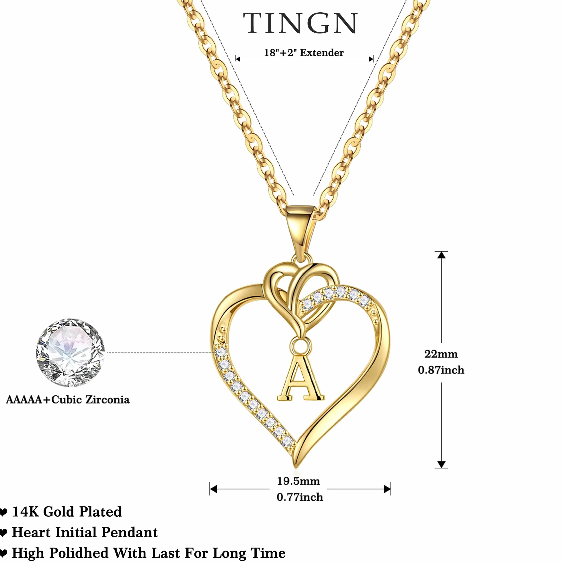 TINGN Collar Regalos para Mujer Niña, Chapado en Oro de 14 Quilates/Chapado en Oro Blanco Collar Inicial Mujer Circonitas Colgante de Corazón Cadena Aniversario de Mujer Regalos Joyas de Mujer Niña