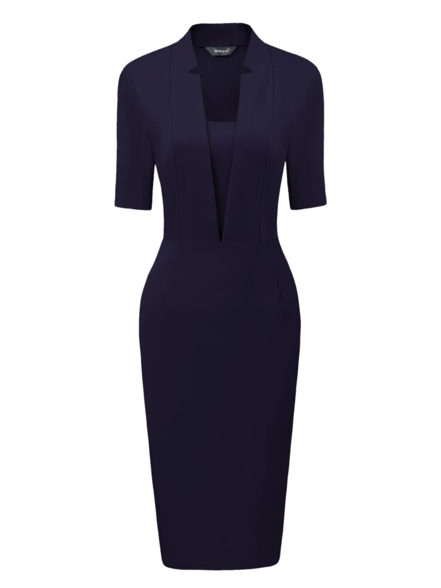 Allegra K Vestido De Tubo para Mujer con Cuello En V, Manga Corta, Trabajo Y Oficina,Vestidos Midi Bodycon