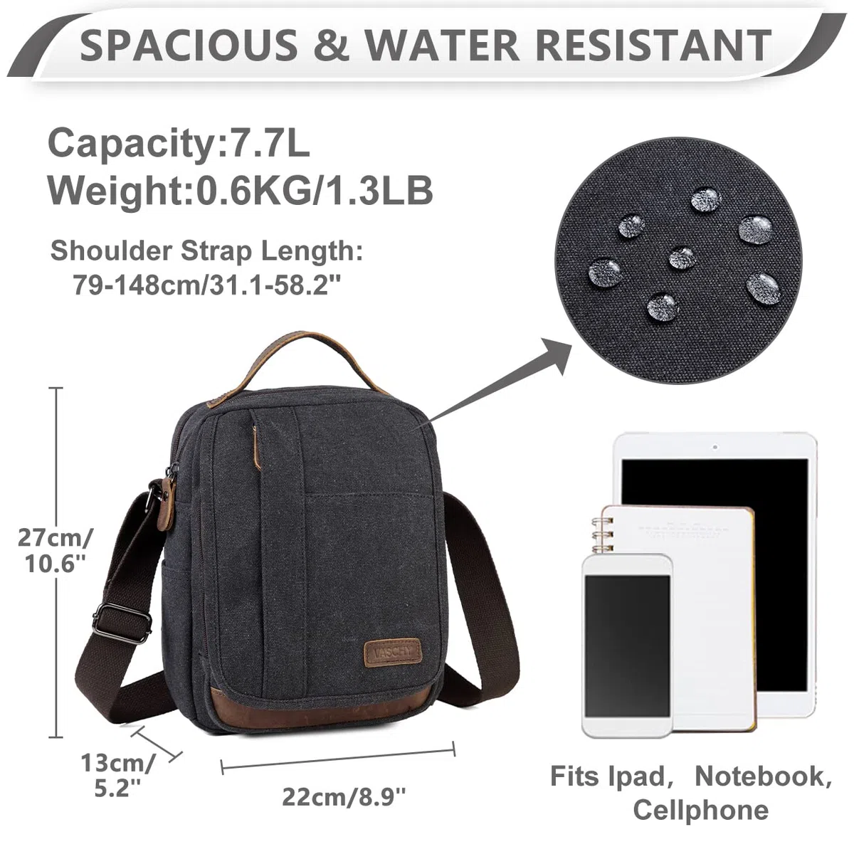 VASCHY Bolso Bandolera Hombre Pequeño de Lona y Cuero, Resistente al Agua, 7,7 L, Cabe iPad 10,2", Bolsillo Trasero Antirrobo, Múltiples Bolsillos, Para Trabajo y Viaje, Gris Oscuro