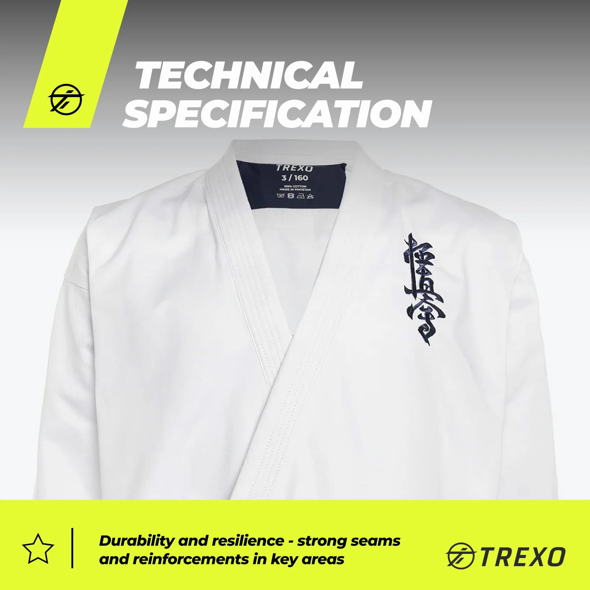 TREXO Karatega con bordado Kyokushin para karate en color blanco para 140 cm de estatura, juego de pantalones regulables, kimono, cinturón, ideal para principiantes, costuras fuertes, materiales