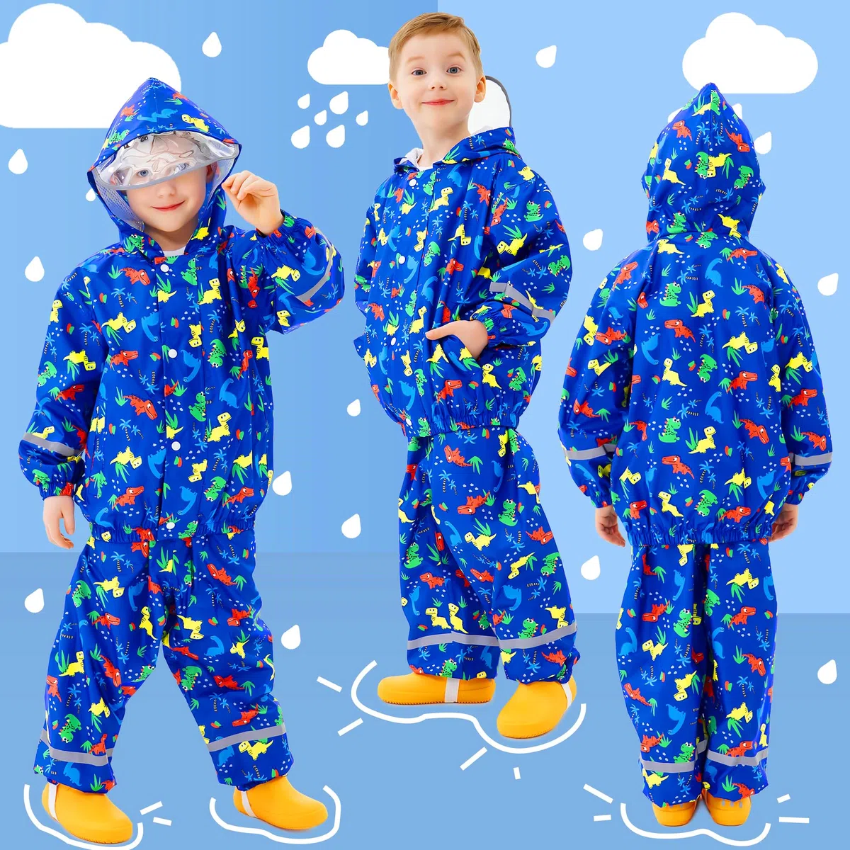 Chubasquero Niño Niña Impermeable con Capucha y Reflectante Ligero Chaqueta Lluvia & Pantalones Traje Estampado Impermeable Traje de Lluvia Reutilizable Abrigos para Infantiles 1-7 años