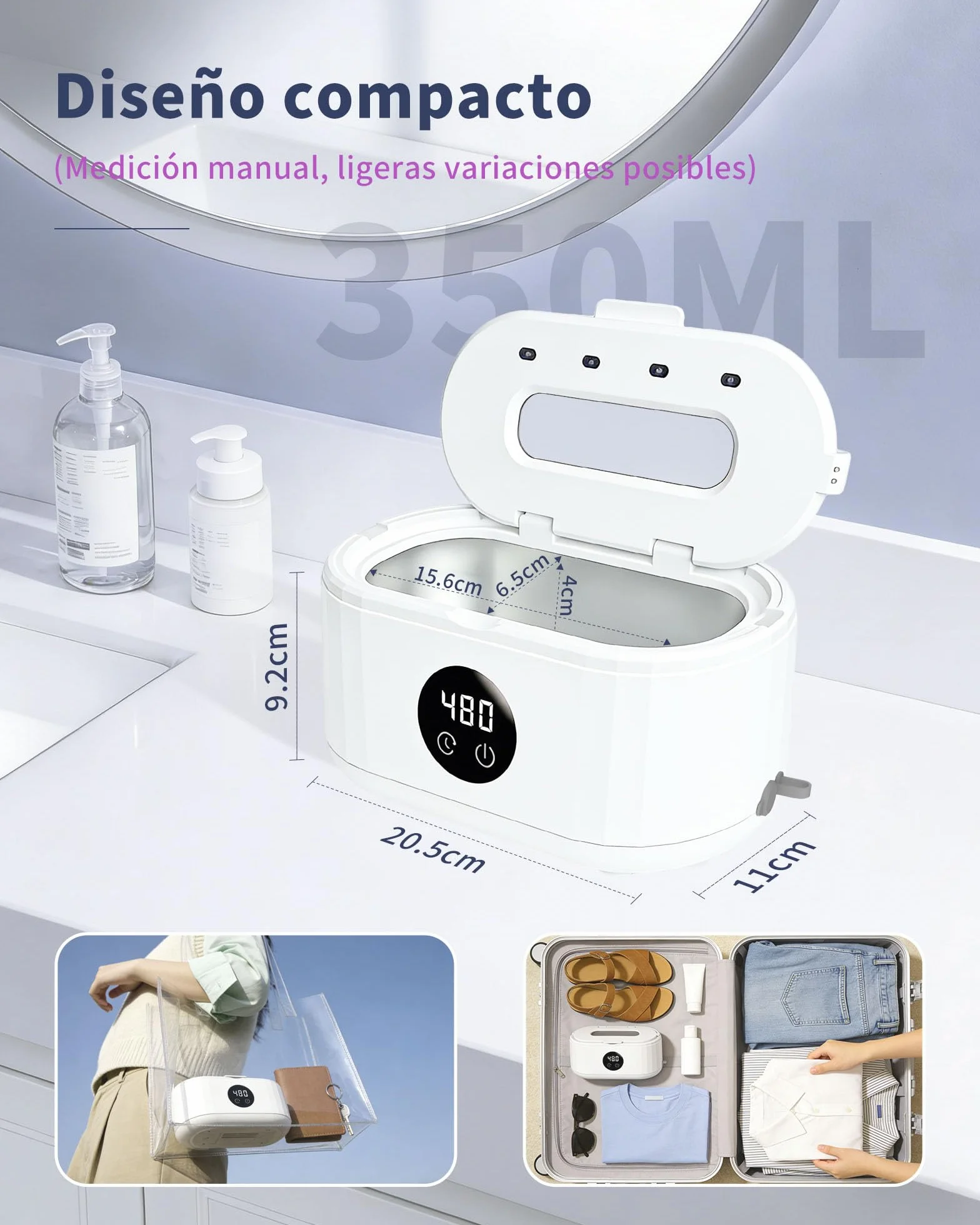 Limpiador Ultrasonidos 50000HZ, Limpiador Ultrasonico 350ML, con Temporizador Digital y 5 Modos de Limpieza, Apto Para Joyas, Gafas, Anillos,Relojes Ultrasonic Cleaner