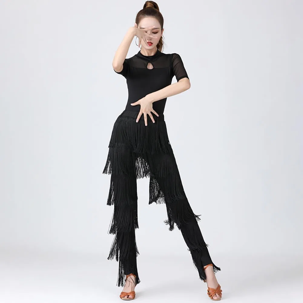 Inlefen Pantalones de Baile Latino para Mujer Con Borlas y Flecos Escalonados - Rendimiento de Tango Cha-Cha, Cintura Elástica