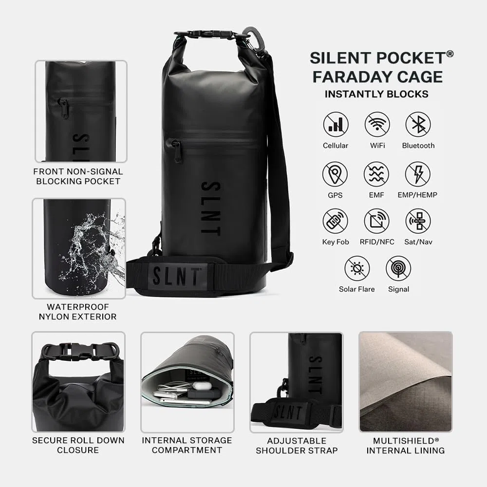Silent Pocket SLNT Bolsa seca Faraday de nailon militar 10 litros, bloqueo de señal RFID, mochila impermeable para electrónica