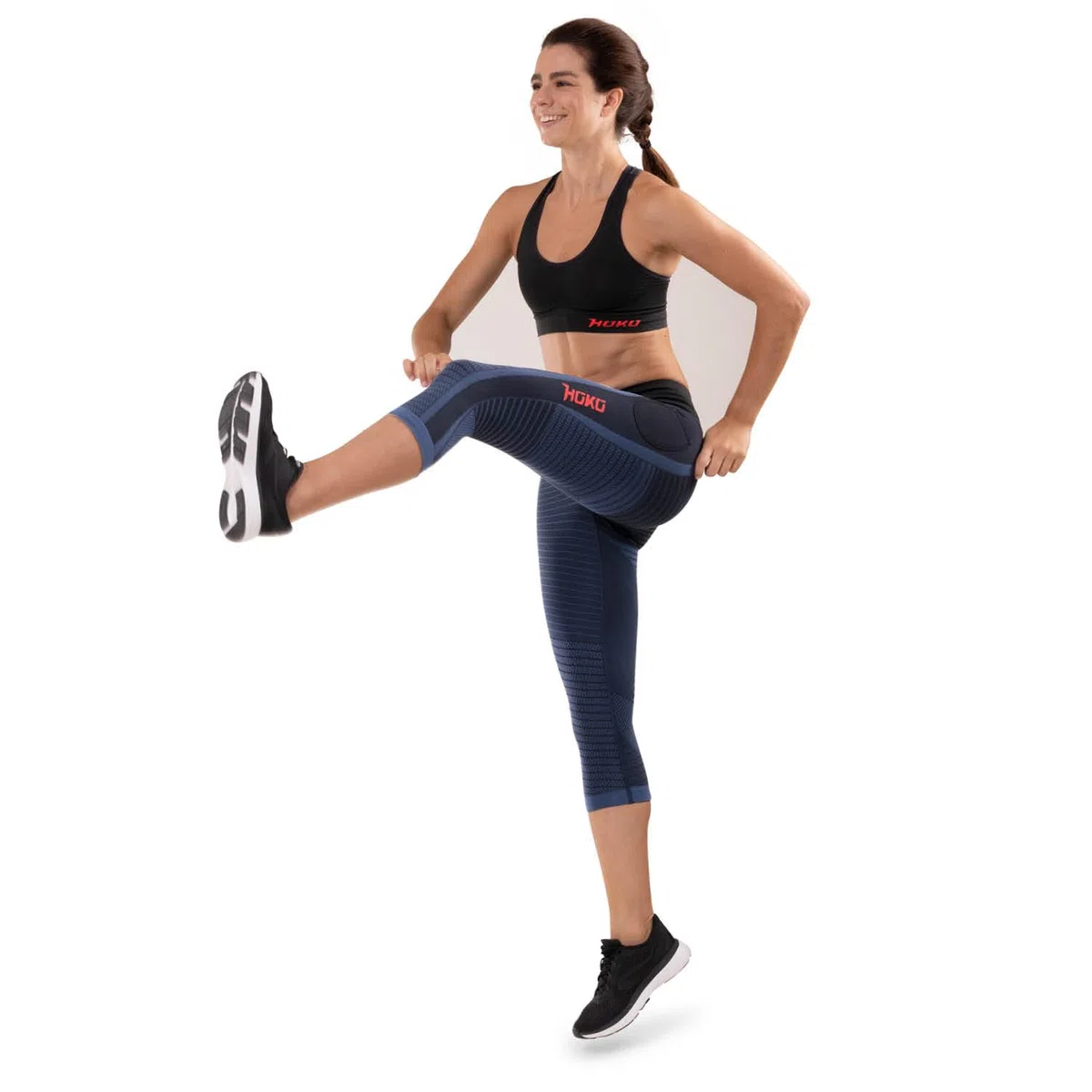 HOKO - Malla Pirata de Compresión Uniforme KADA para Mujer | Elástica y Sin Goma | Mallas para Running, Gimnasio | Sujeción y Estilización | 2 Bolsillos | Color Navy/Negro, Talla L