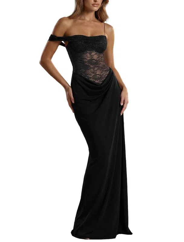 Vestido Mujer de Un Hombro con Encaje Transparente Elegante Maxi Vestidos de Fiesta Sexy Vestido Largo sin Mangas con Tirantes Finos y Abertura Alta Ajustado Vestidos para Bodas Cóctel Club