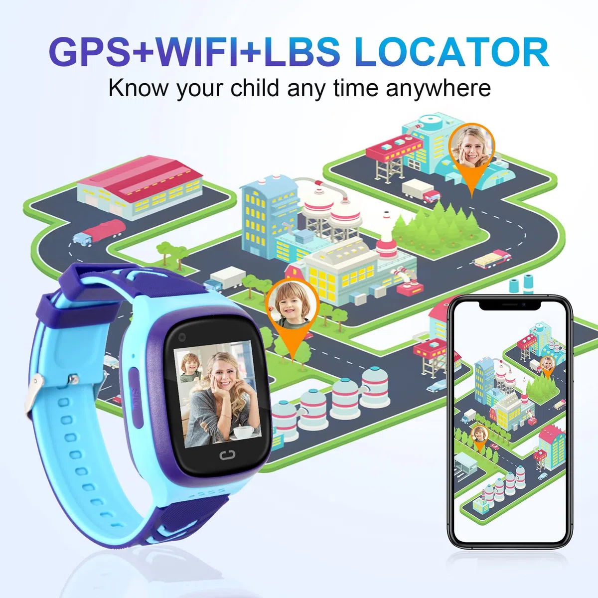 Reloj Inteligente para Niños 4G Rastreador GPS Videollamada SOS Cámara De Chat De Voz Despertador Cronómetro Calculadora De Localización De Regalos De Cumpleaños para Niñas 4-12 Años (Azul)