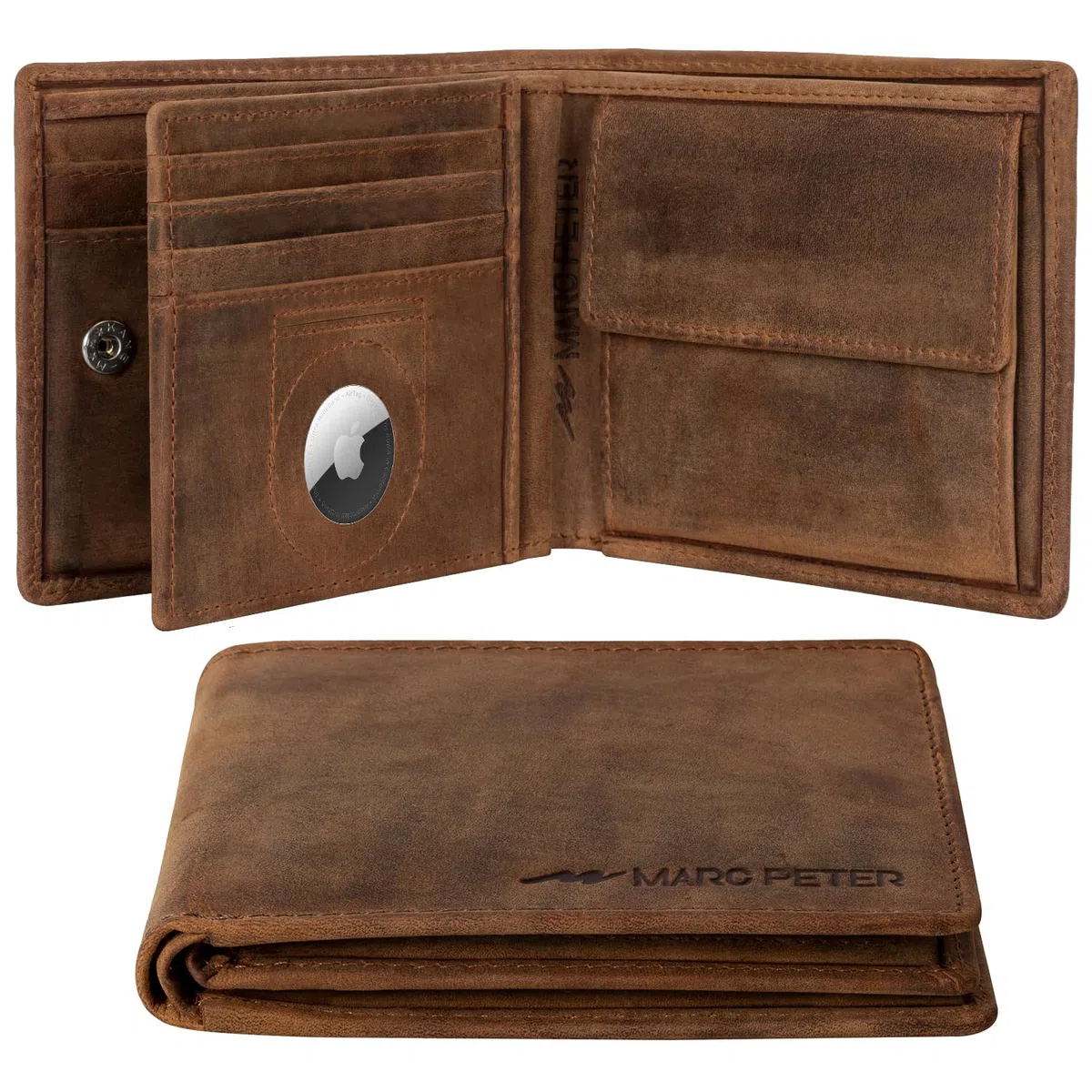 Marc Peter® Hanover - Cartera de piel auténtica para hombre con protección RFID, 10 compartimentos, Bronceado vintage con compartimento Airtag, MIT AIRTAG-FACH, Clásico