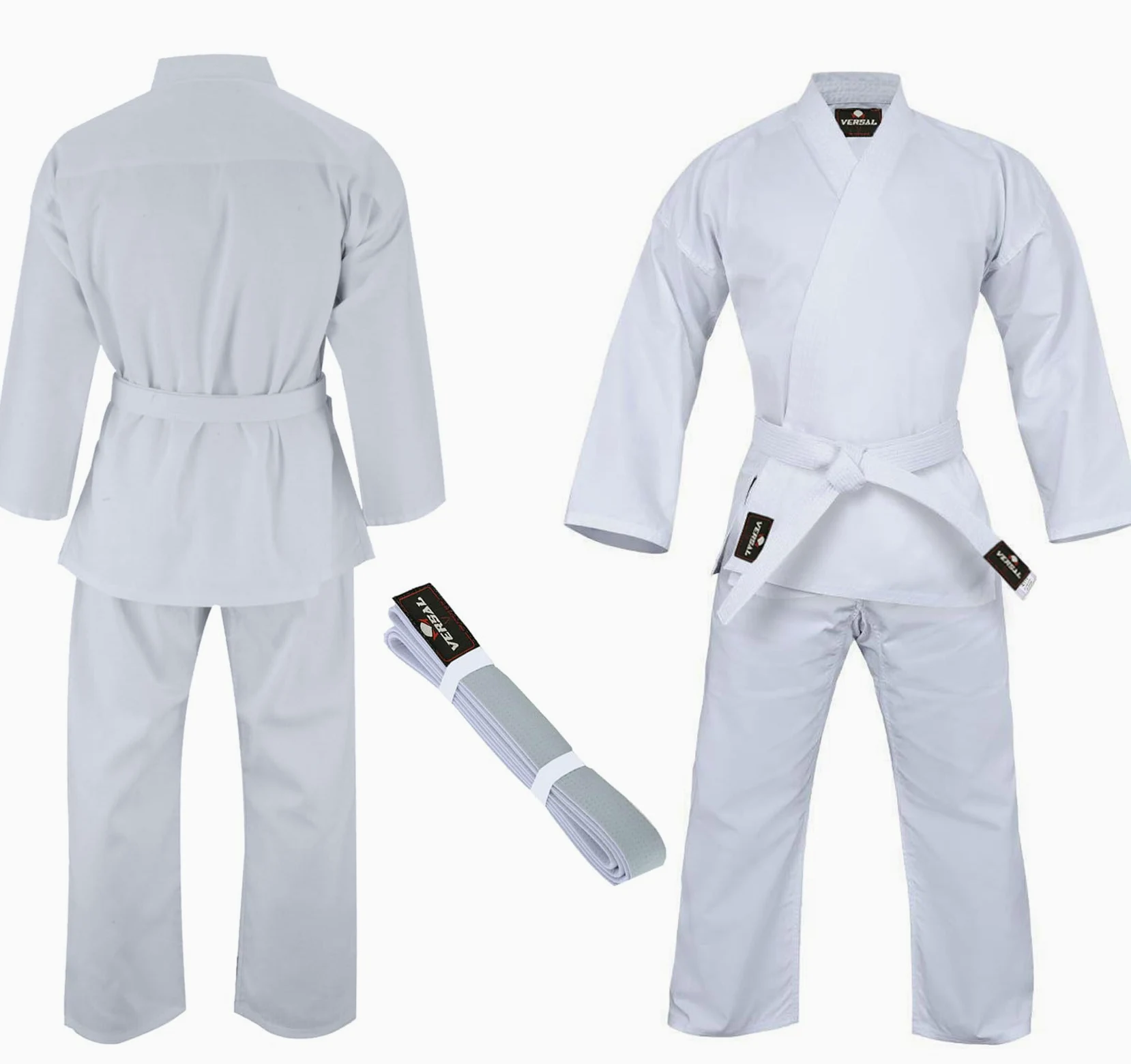 VERSAL Karate Gi - Uniforme de karate para niños y adultos, traje de karate blanco para estudiantes, 8 onzas, ligero, polialgodón, artes marciales, entrenamiento, taekwondo, uniforme con cinturón