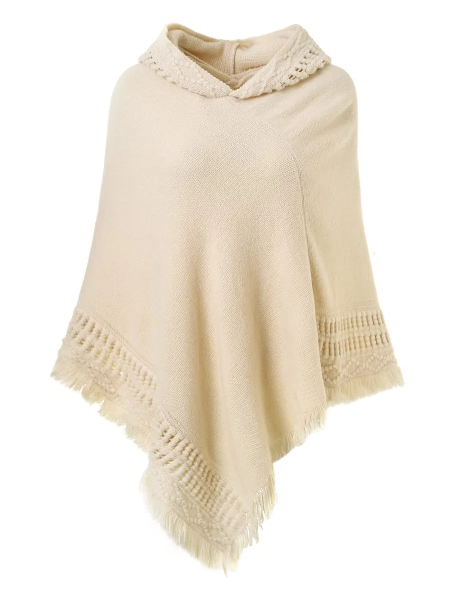 Ferand Poncho con Capucha para Mujer Capa de Crochet con Dobladillo con Flecos para Otoño Invierno