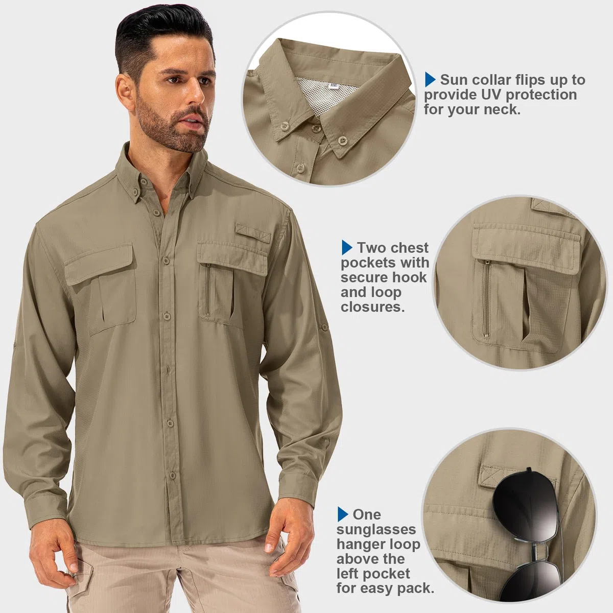 Camisa para hombre UPF50+ UV, manga larga, transpirable, de secado rápido, para pesca, senderismo, tiempo libre