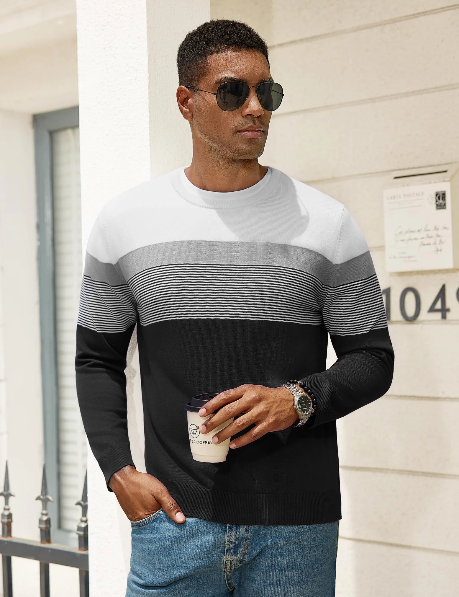 iClosam Suéter de Punto a Rayas con Cuello Redondo para Hombre Jersey de Manga Larga Corte Entallado