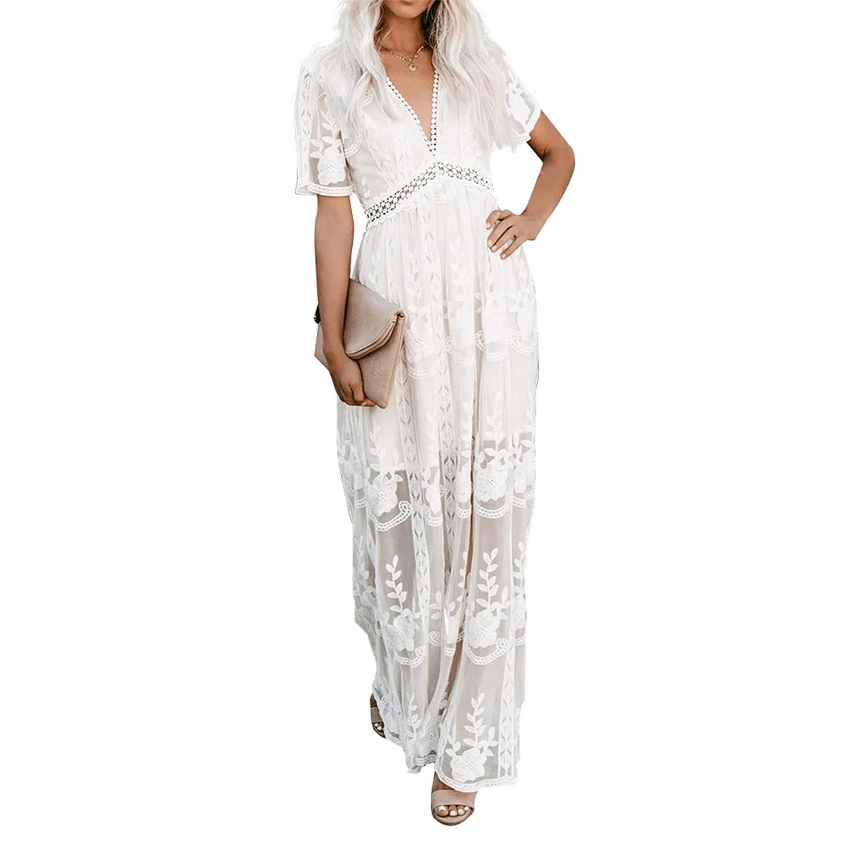 amropi Mujer Encaje Vestido de Fiesta Largo Vestidos Cuello en V Manga Corta Verano Ropa
