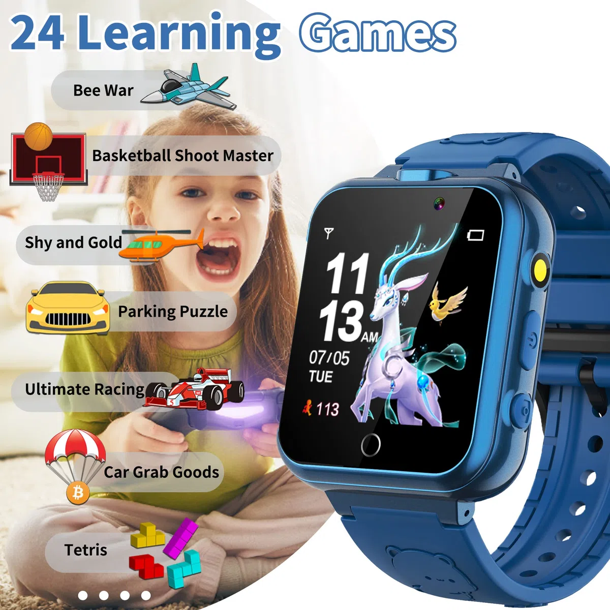 24 Juegos Reloj Inteligente Niño, Reloj Juegos Niños Niñas con Linterna, Podómetro, Dual Cámara, Despertador, MP3 Música, Calculadora, Reloj Inteligente Niño Niña de 4 a 12 Años Regalo de Cumpleaños