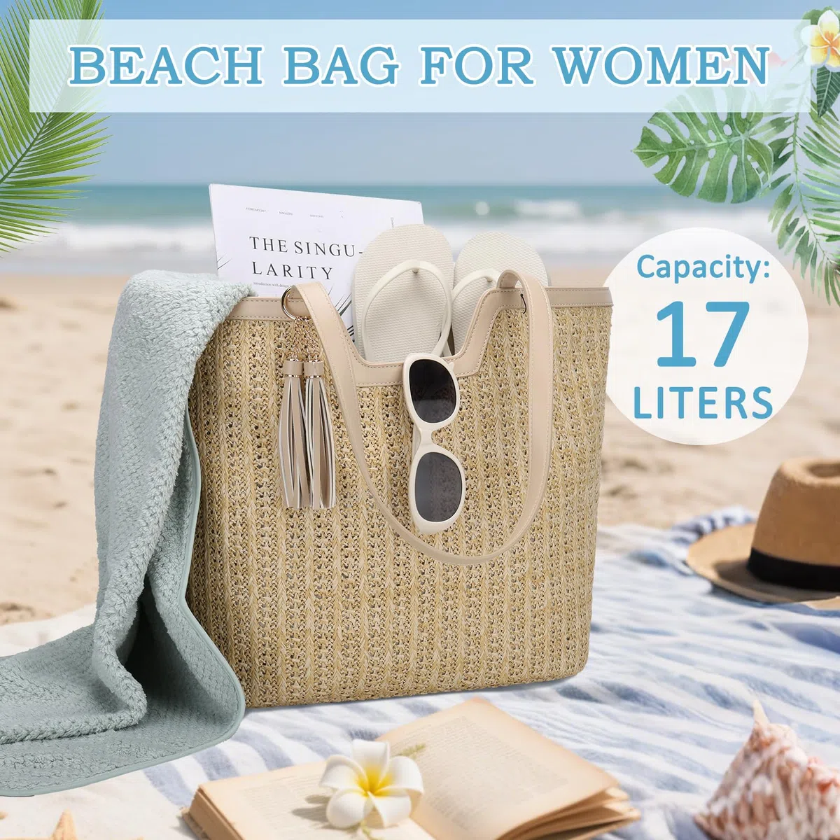 VASCHY Bolsa Playa de Paja para Mujer, Bolsa Tote Bag de Verano Bolsa de Hombro Plegable Bolsa de Mano para Shopper Viaje Bolso Bohemia con Cremallera para Uso Diario