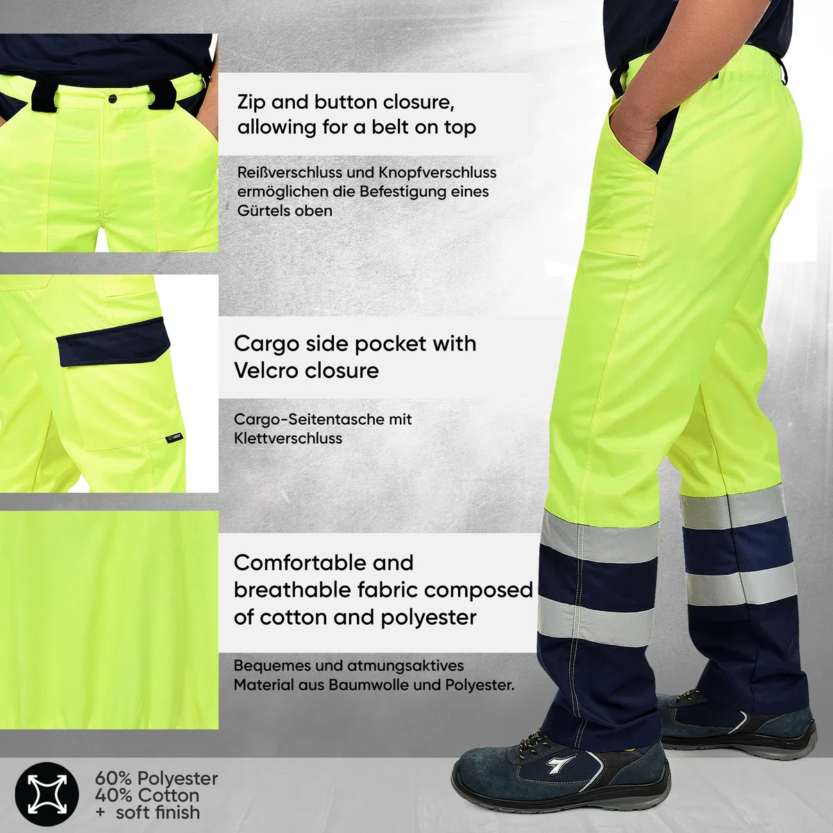 BWOLF Jinx - Pantalones de trabajo reflectantes, pantalones de seguridad, pantalones de trabajo, pantalones de verano, pantalones de trabajo para hombre