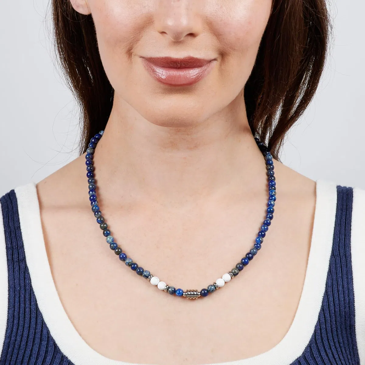 Collar de Cuentas para Hombre | Collar de Cristal Curativo de Piedras preciosas Naturales para Hombres hecho a Mano Para Hombres (Azul Lapislázuli/Blanco Turquesa)
