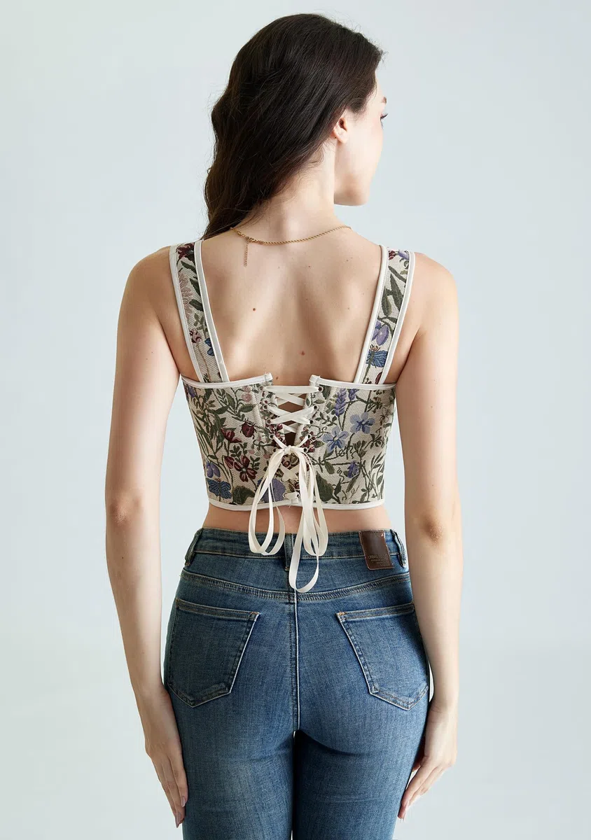 SCARLET DARKNESS Corsé renacentista cuadrado con cuello en V para mujer, corpiño estampado floral