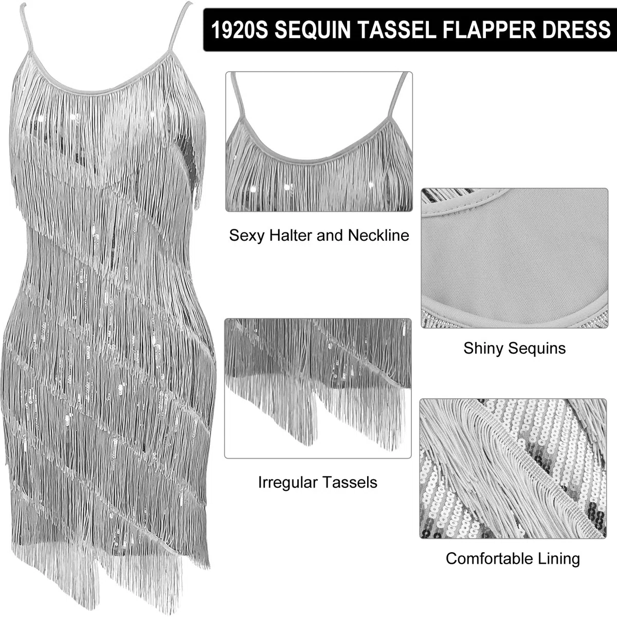 PLULON Vestido de Fiesta de cóctel con Flecos de Lentejuelas Gatsby de los años 20 para Mujer con Accesorios de los años 20 para Fiesta de graduación (Dorado)