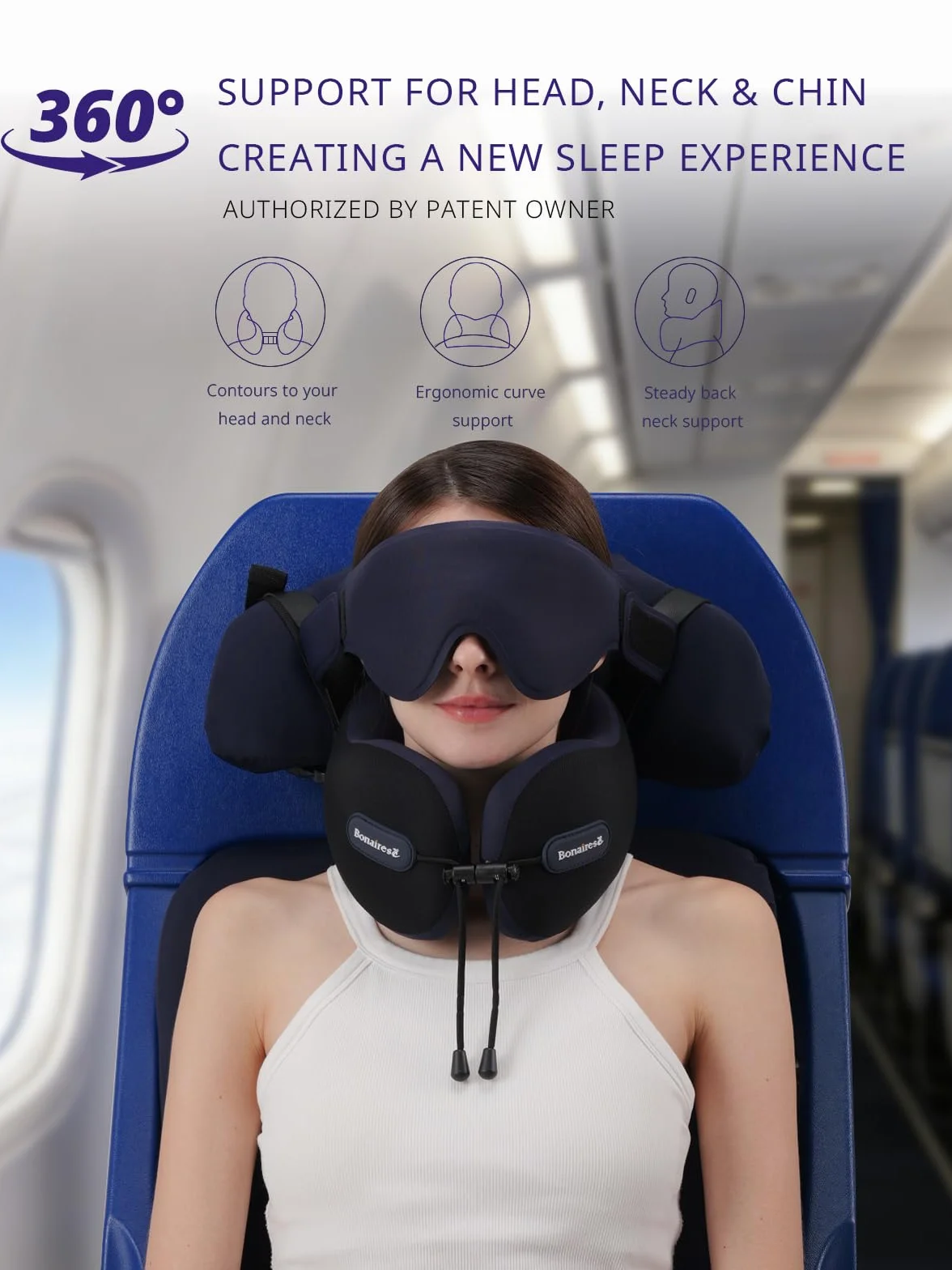 Almohada de Viaje, Almohada Cervical para Avión con Antifaz 3D y Correa de Asiento para Vuelos Largos y Viajes por Carretera, Espuma de Doble Densidad, Esencial para Viajes en Negro & Morado
