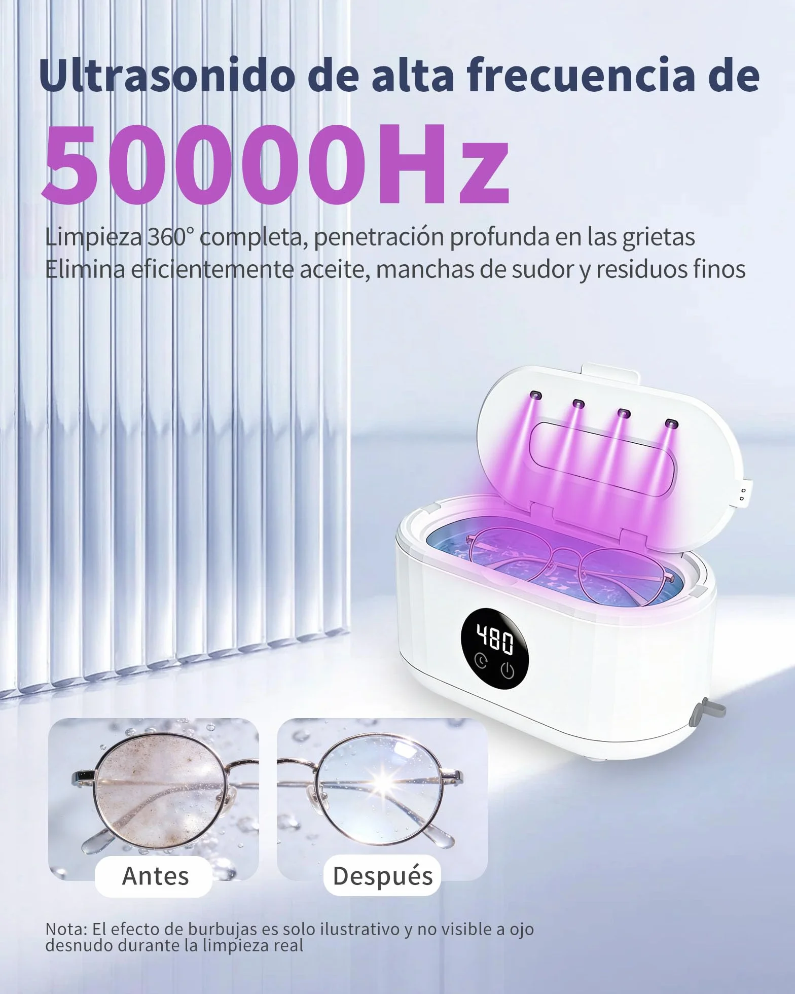 Limpiador Ultrasonidos 50000HZ, Limpiador Ultrasonico 350ML, con Temporizador Digital y 5 Modos de Limpieza, Apto Para Joyas, Gafas, Anillos,Relojes Ultrasonic Cleaner