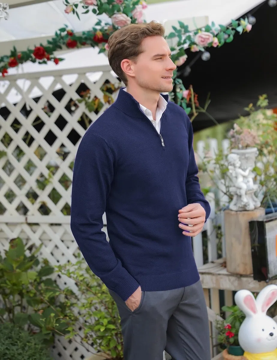 iClosam Men's Quarter Zip Knitted Pullover Regular Fit with Stand-Up Collar