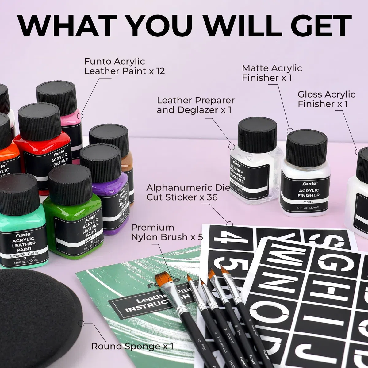 Funto Acrylic Leather Paint Set 12 Colores - Con Preparador de Piel, 2 Acabados Acrílicos, 5 Pinceles de Nylon, Esponja Redonda, 36 Pegatinas Alfanuméricas - Kit de Bricolaje Perfecto para Zapatos
