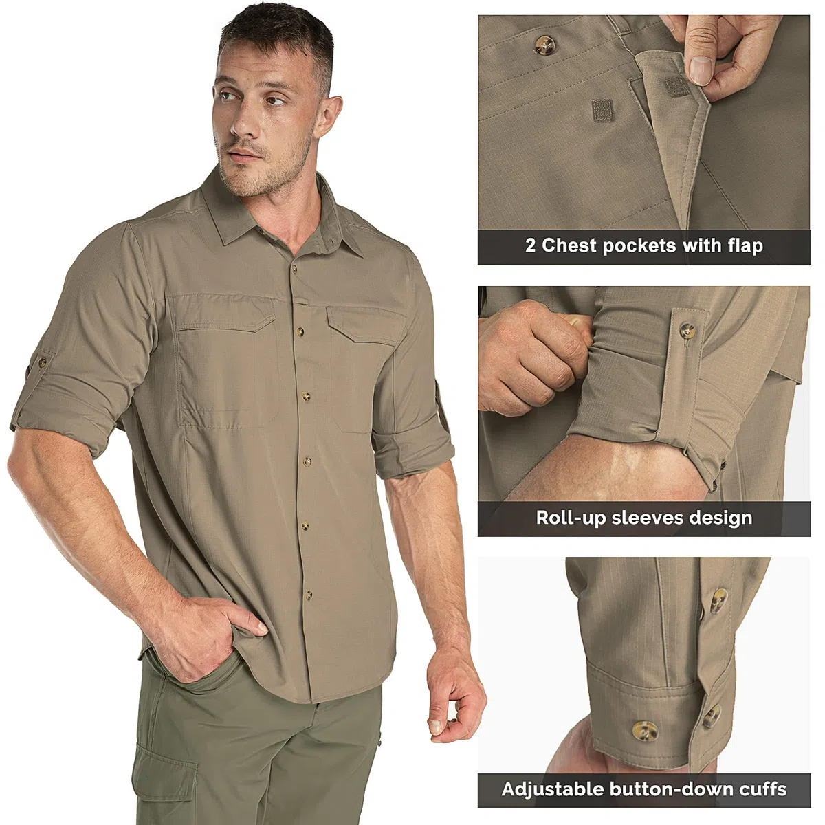 33,000ft | Camisa de pesca de manga larga para hombre, con botones, protección UV UPF50+, transpirable, mangas enrollables