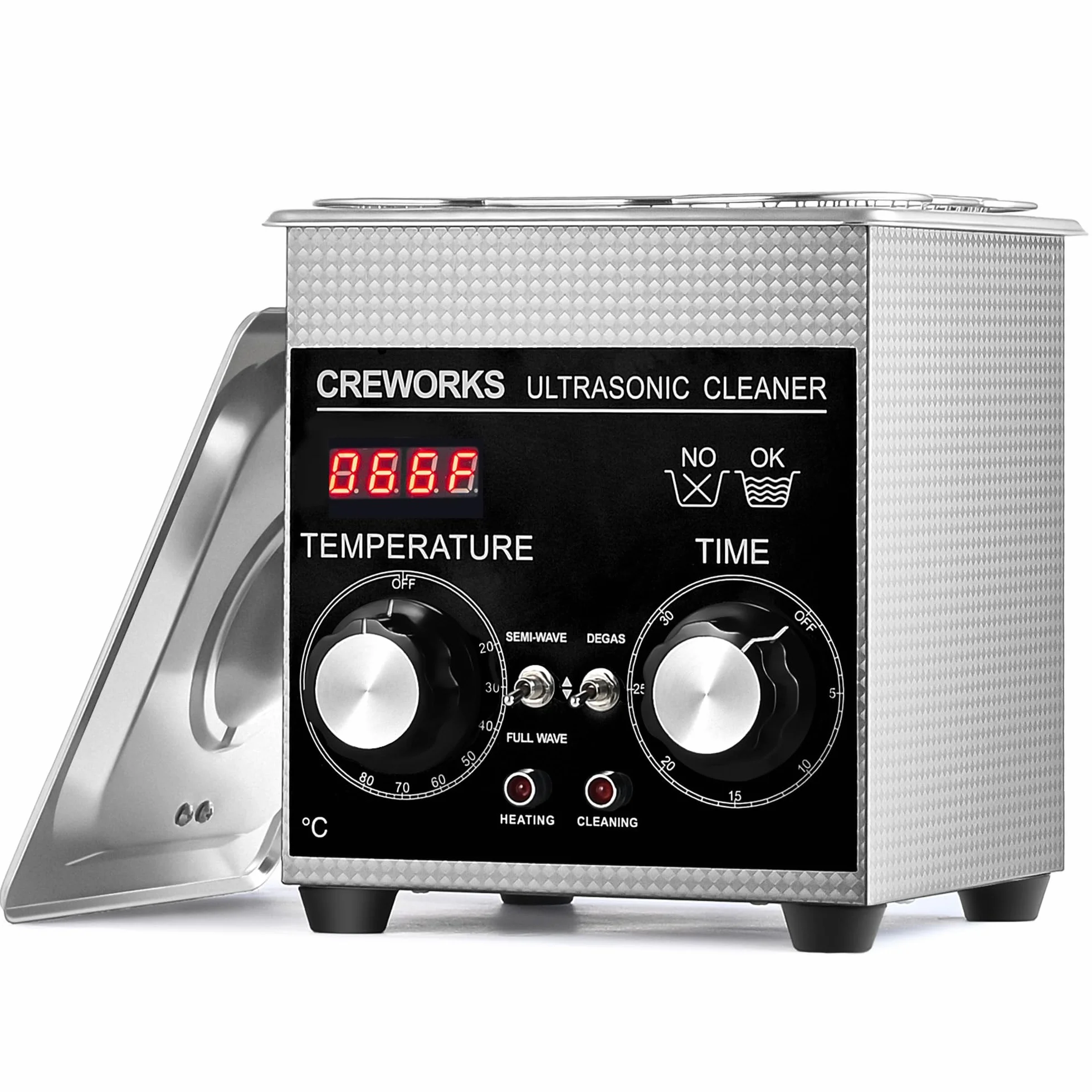 CREWORKS 1.3L Limpiador de Ultrasonidos con Temporizador y Calentador Limpiador Ultrasónico de Acero Inoxidabale Máquina de Ultrasonidos para Limpieza de Gafas/Joyas/Anillos (1,3 L)